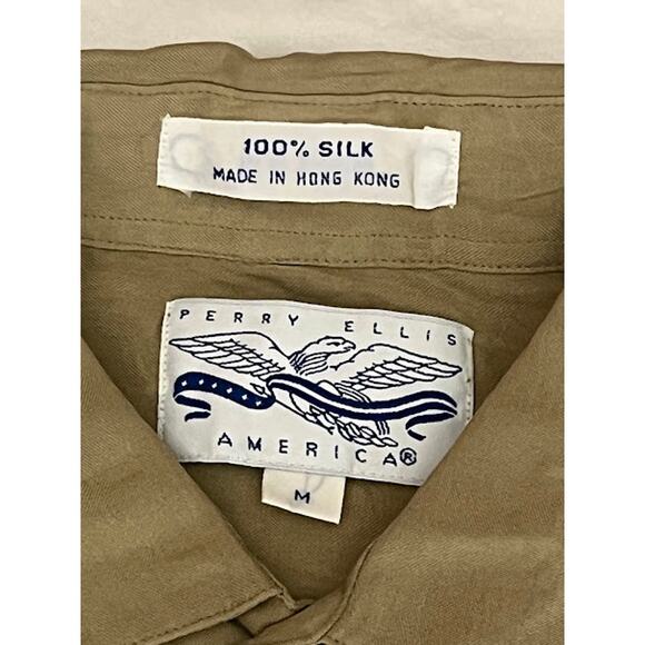 VTG Perry Ellis Shirt Tan Khaki Silk Long Sleeve Button Down Sz M - Picture 3 of 5
